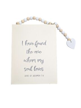 Cream Wooden Wall Sign with Beaded Heart Hanger